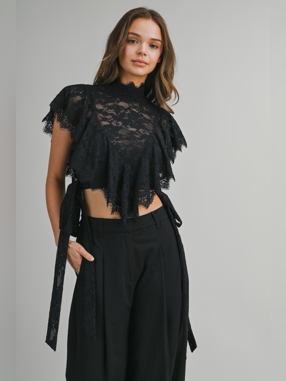 Catherine Ruffled Lace Black Crop Top - Picture 4 of 12
